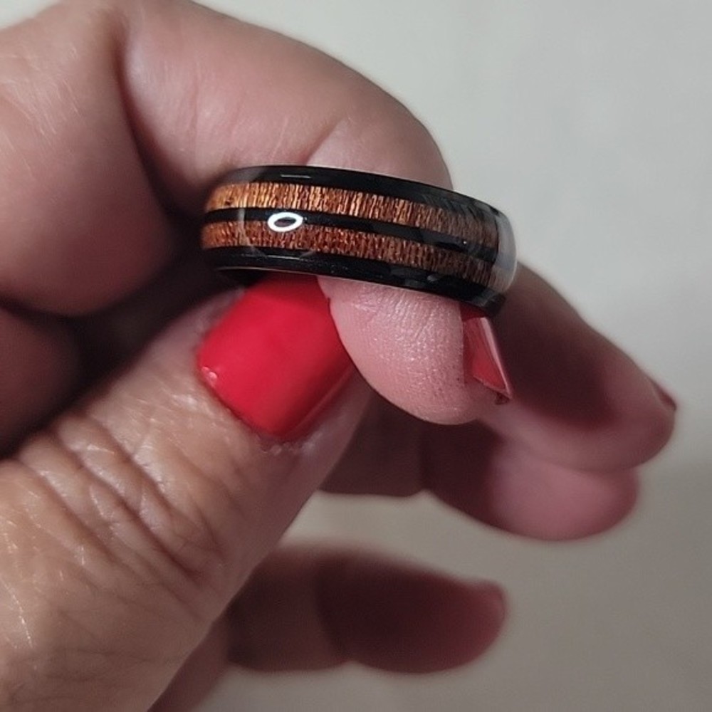 Men's Stainless Steel Ring Band Wood Grain Inlay 11.5 12.5